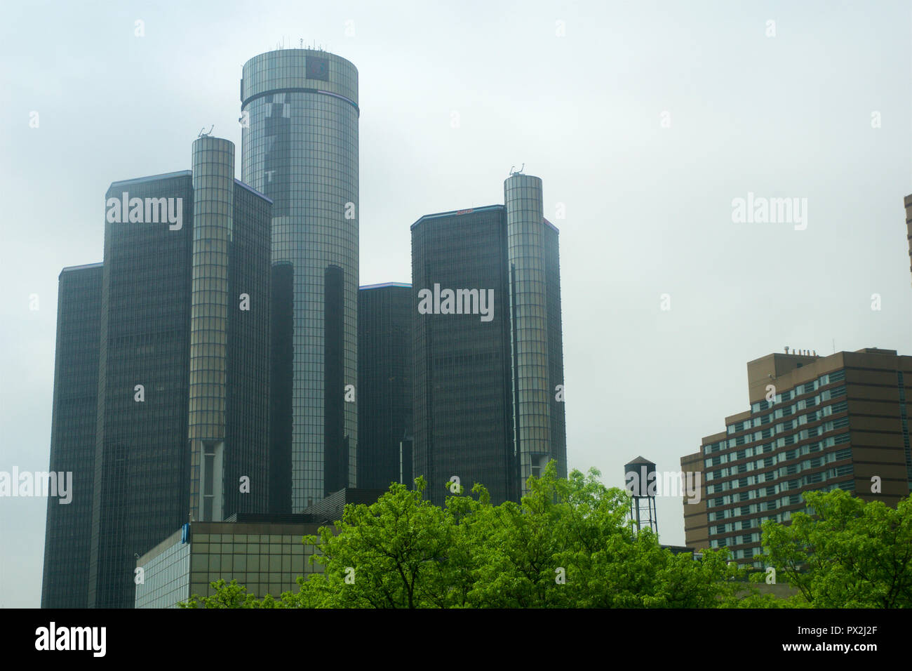 DETROIT, MICHIGAN, UNITED STATES - MAY 22nd, 2018: The Renaissance Center is a group of seven interconnected skyscrapers in Downtown Detroit, Michigan. It serves as General Motors world headquarters Stock Photo