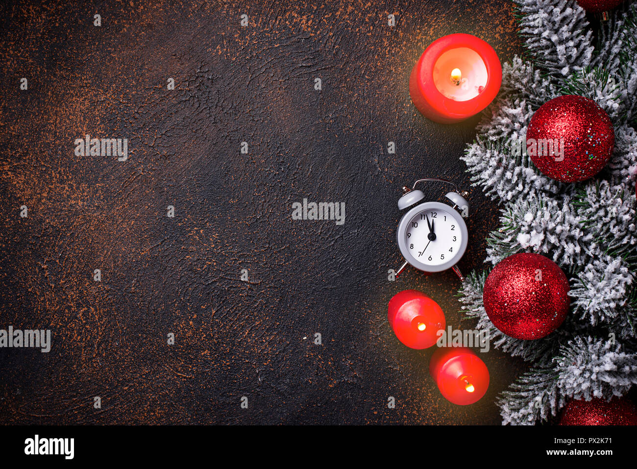Christmas background with branch of tree and red balls Stock Photo - Alamy