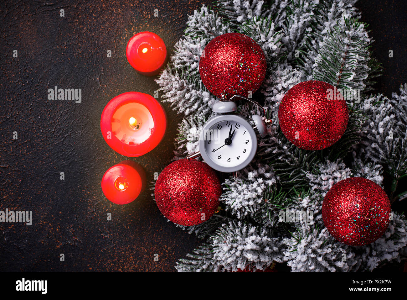 Christmas background with branch of tree and red balls Stock Photo - Alamy