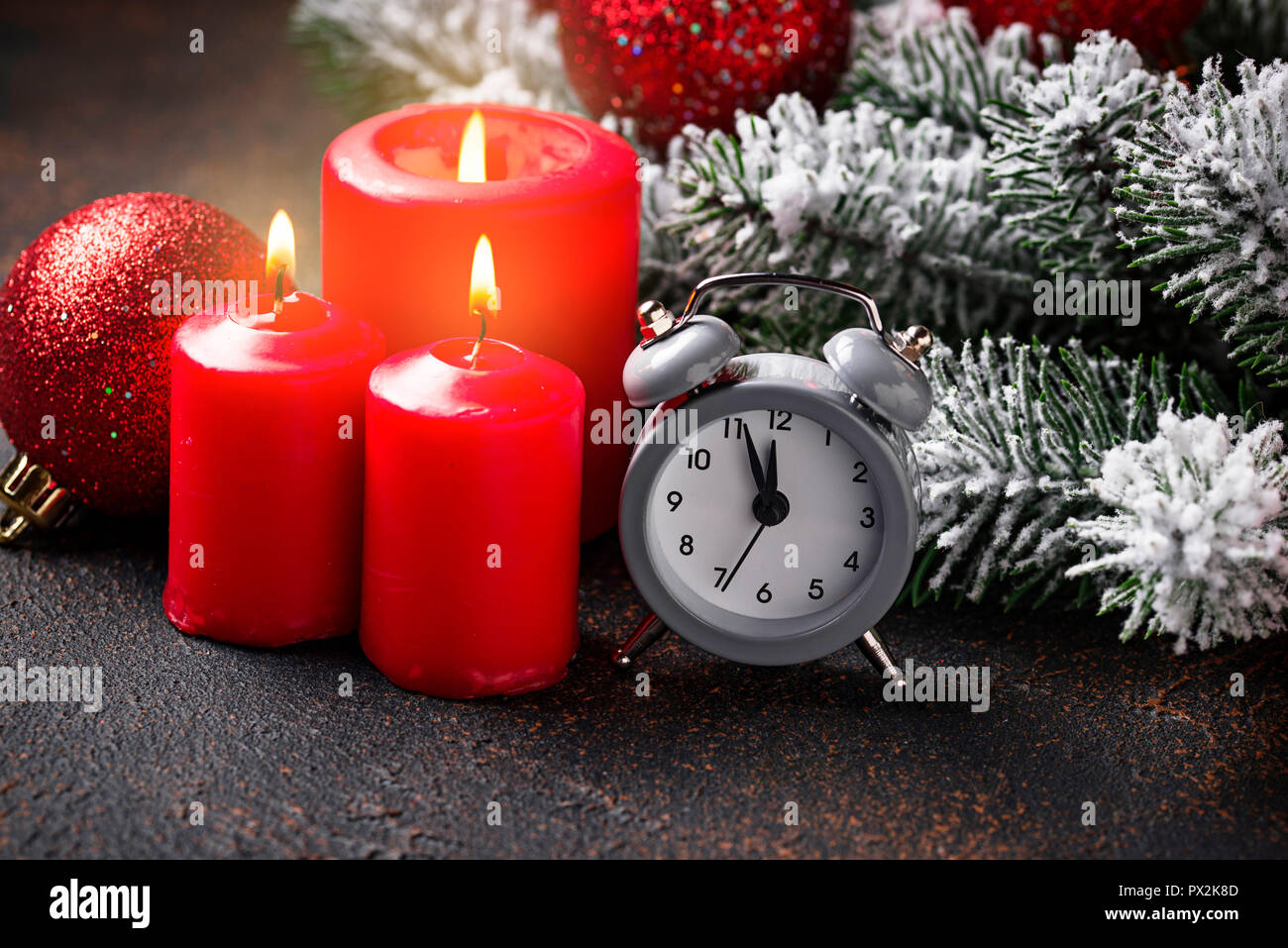 Christmas background with branch of tree and red balls Stock Photo - Alamy