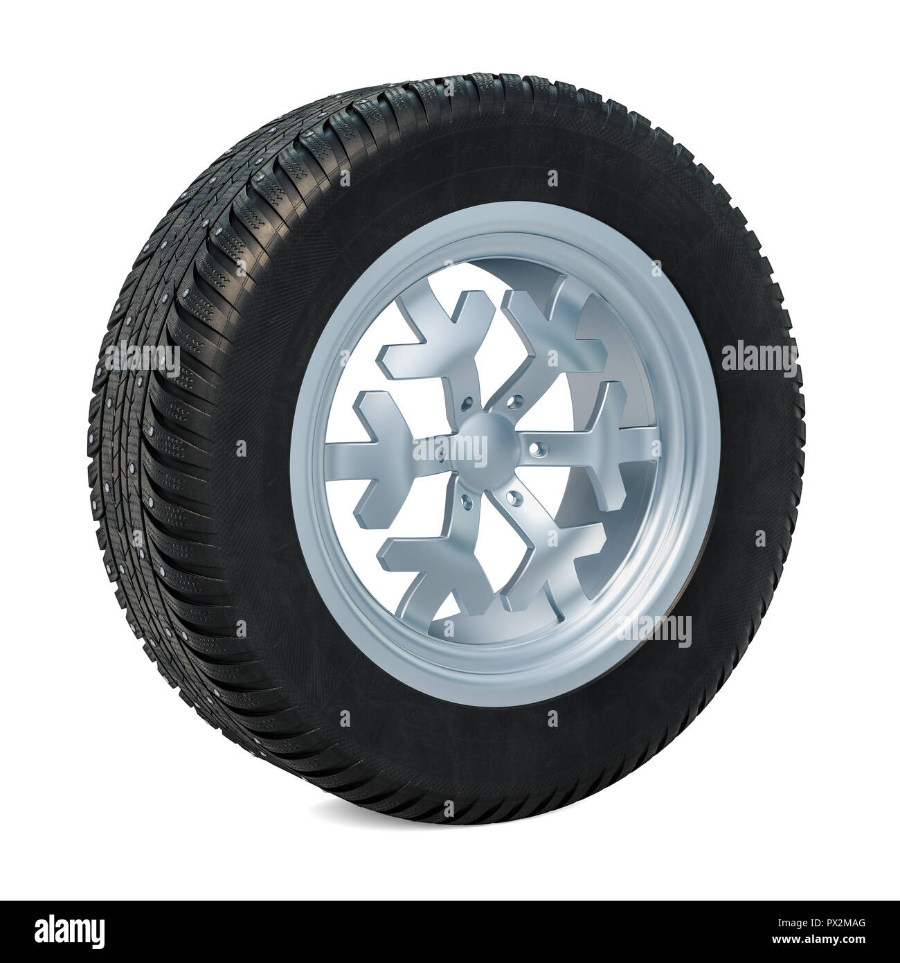 Car wheel with winter studded snow tire. Winter tire concept. 3D rendering isolated on white background Stock Photo