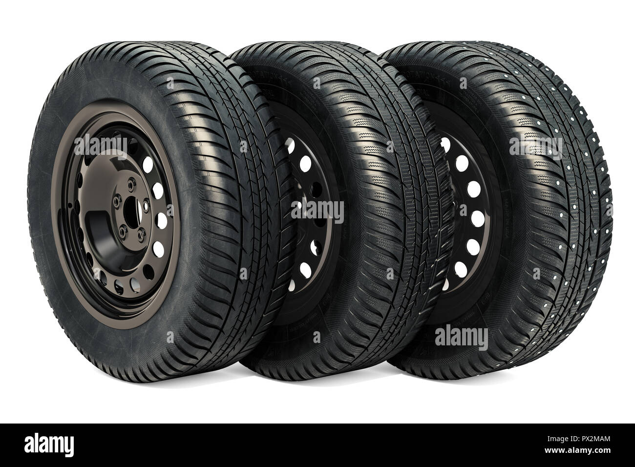 Car wheels with winter and summer tires. 3D rendering Stock Photo