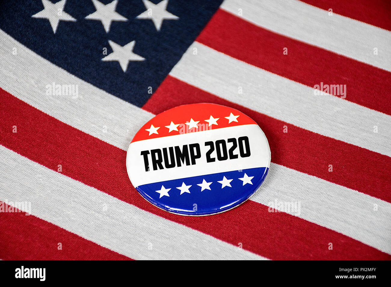 close up of election campaign button on American flag for Trump in year 2020 Stock Photo