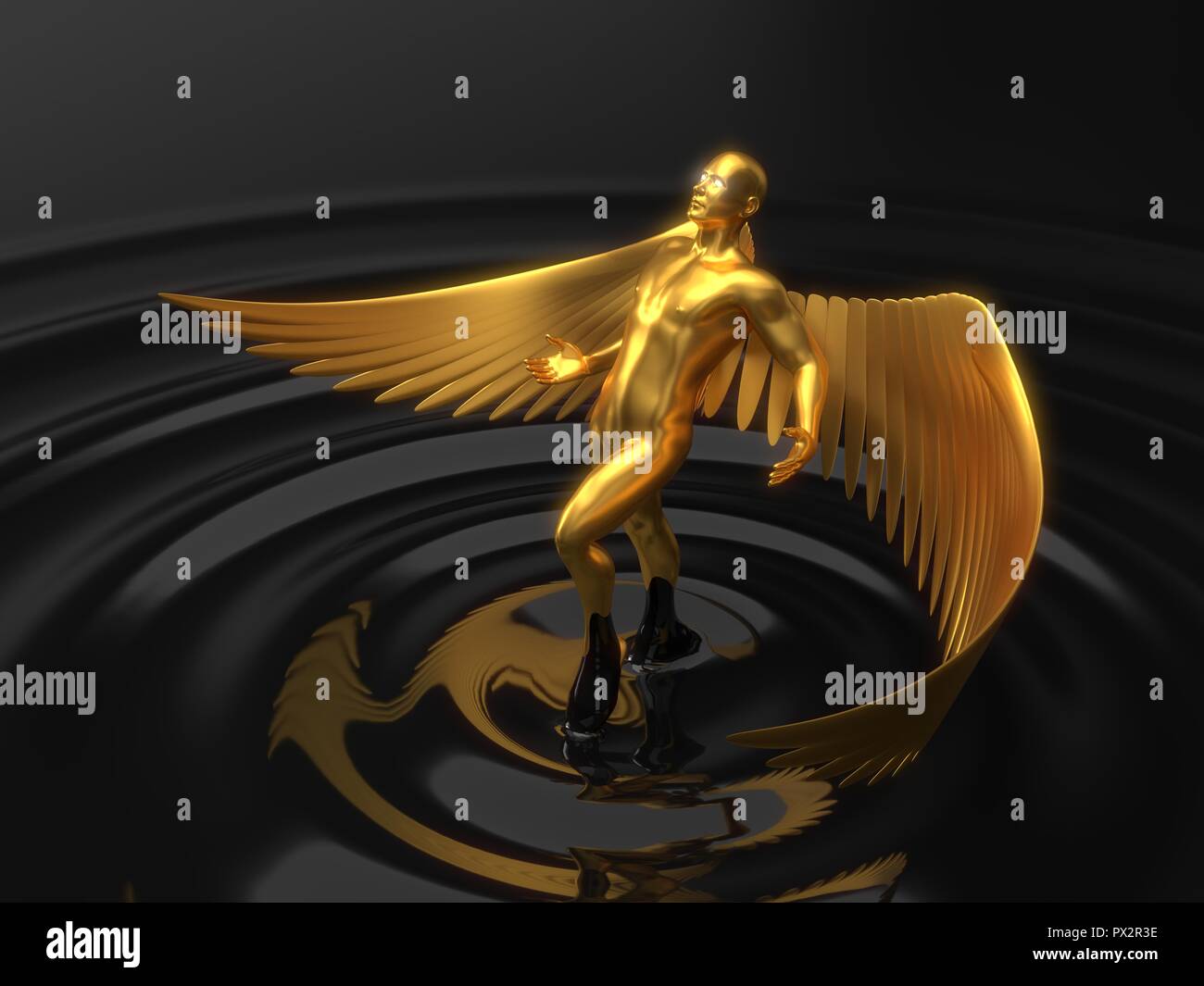 golden angelic character rising from black liquid. 3d illustration ...