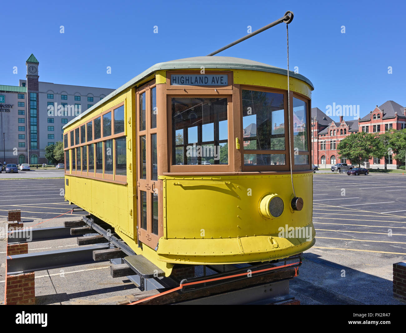 Historical city streetcar that ran in Montgomery Alabama, USA on the Lightning Route, on static display. Stock Photo
