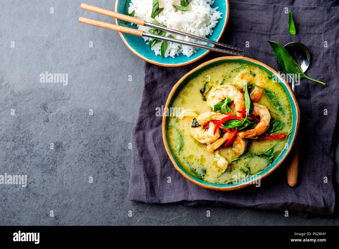 THAI SHRIMPS GREEN CURRY. Thailand tradition green curry soup with ...