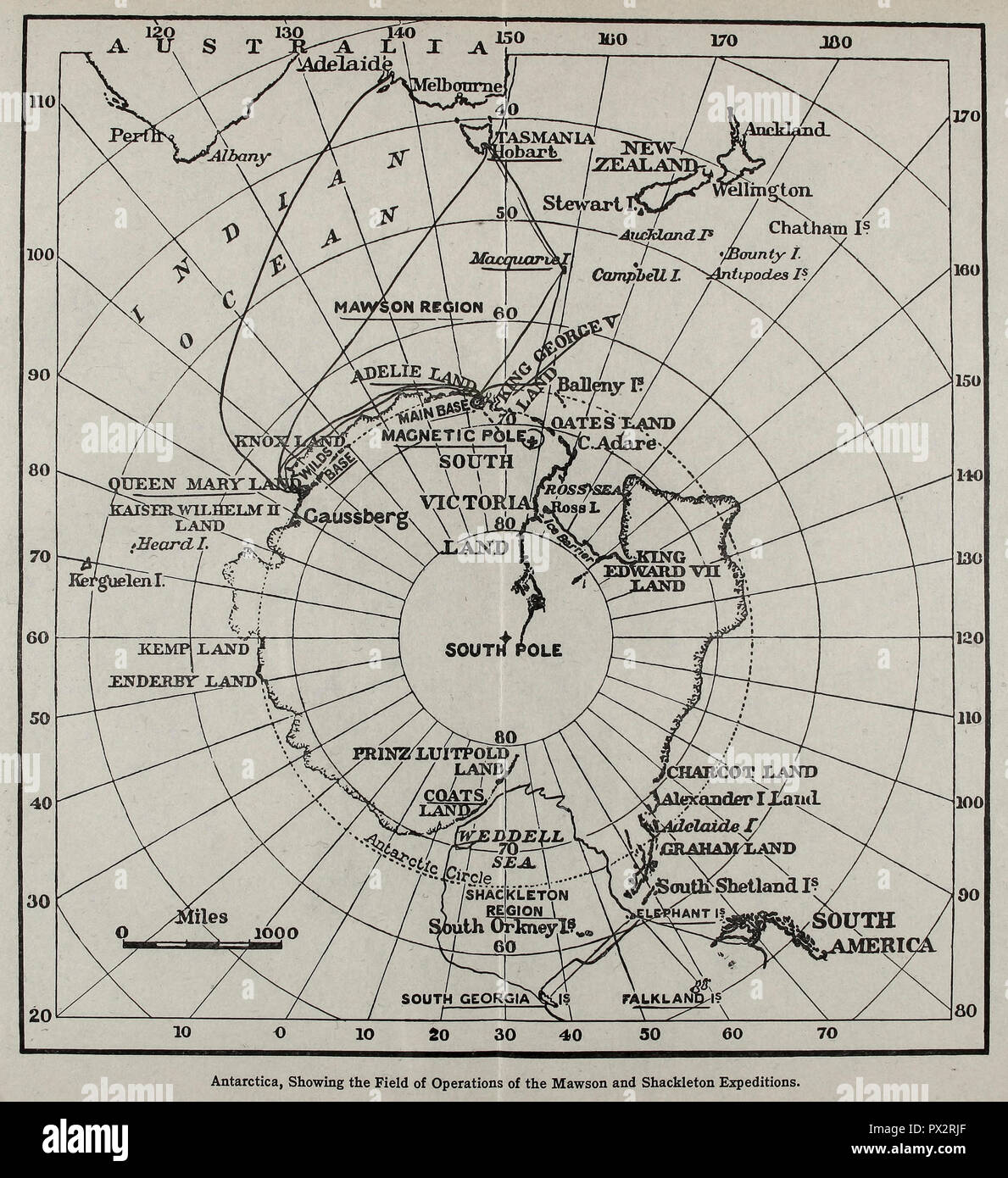 Map of Antarctica, showing the Field of Operations of the Mawson and Shackleton Expeditions Stock Photo