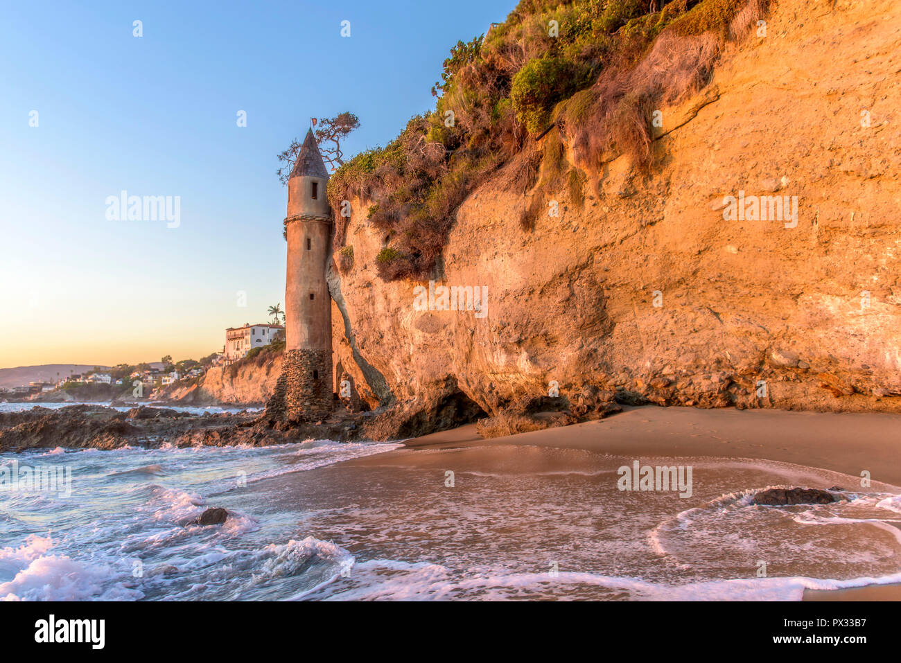 Pirate tower in Laguna Beach, California during sunset Stock Photo Alamy