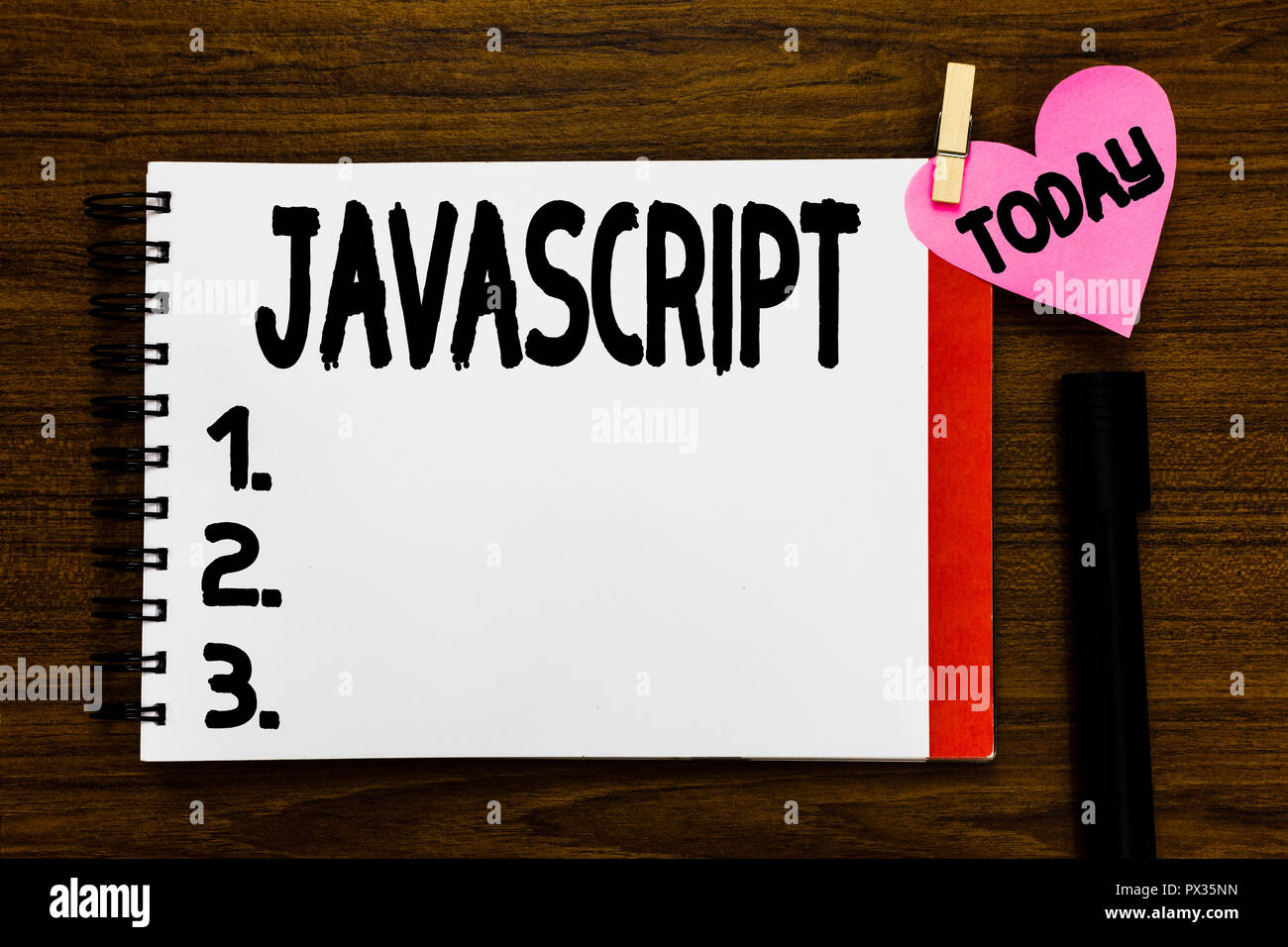 Conceptual hand writing showing Javascript. Business photo text Computer programming language used to create interactive effects Open notebook page ma Stock Photo