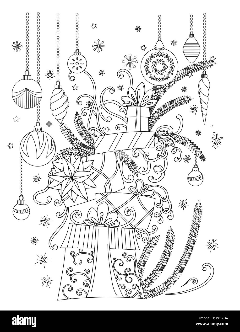 Christmas coloring Pages. Coloring Book for adults. Pile of holiday presents. Christmas decoration, cartoon gift boxes, ribbons, balls, stars and snowflakes. Hand drawn outline vector illustration. Stock Vector