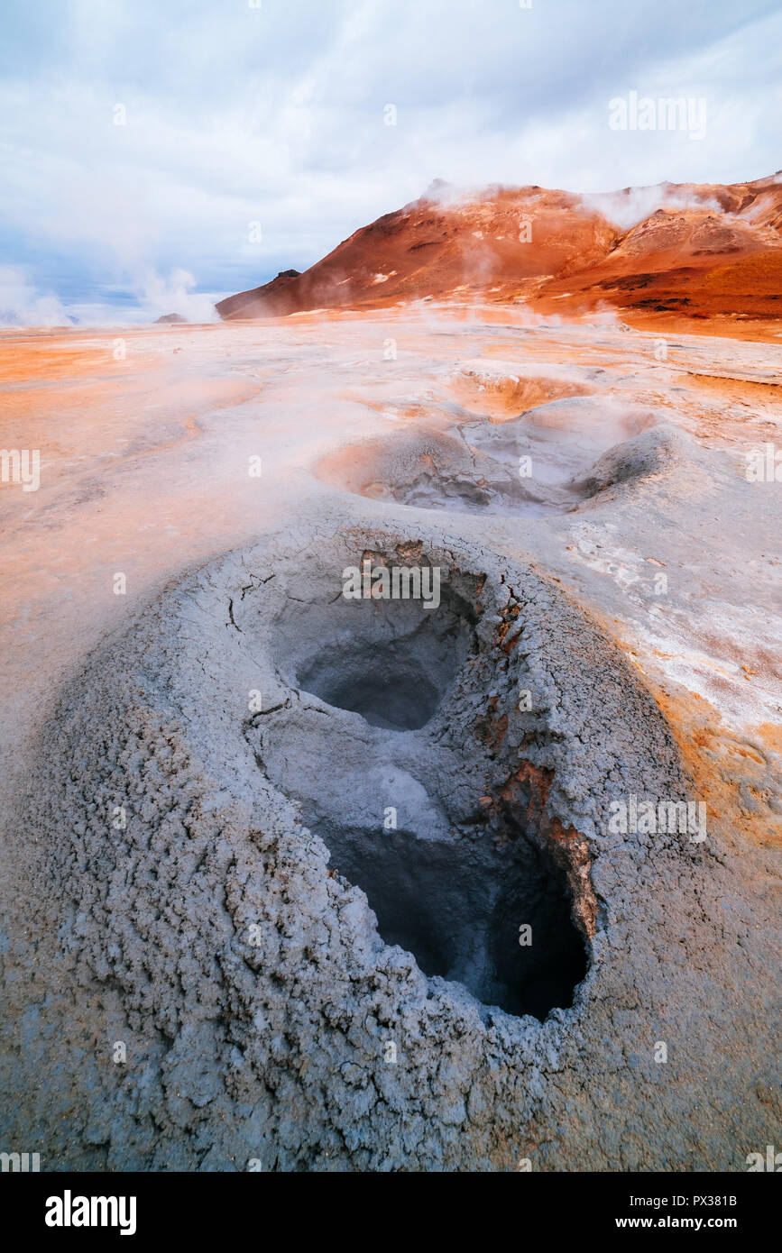 Iceland geothermal. Namafjall - area in field of Hverir. Landscape which pools of boiling mud and hot springs. Tourist and natural attractions Stock Photo