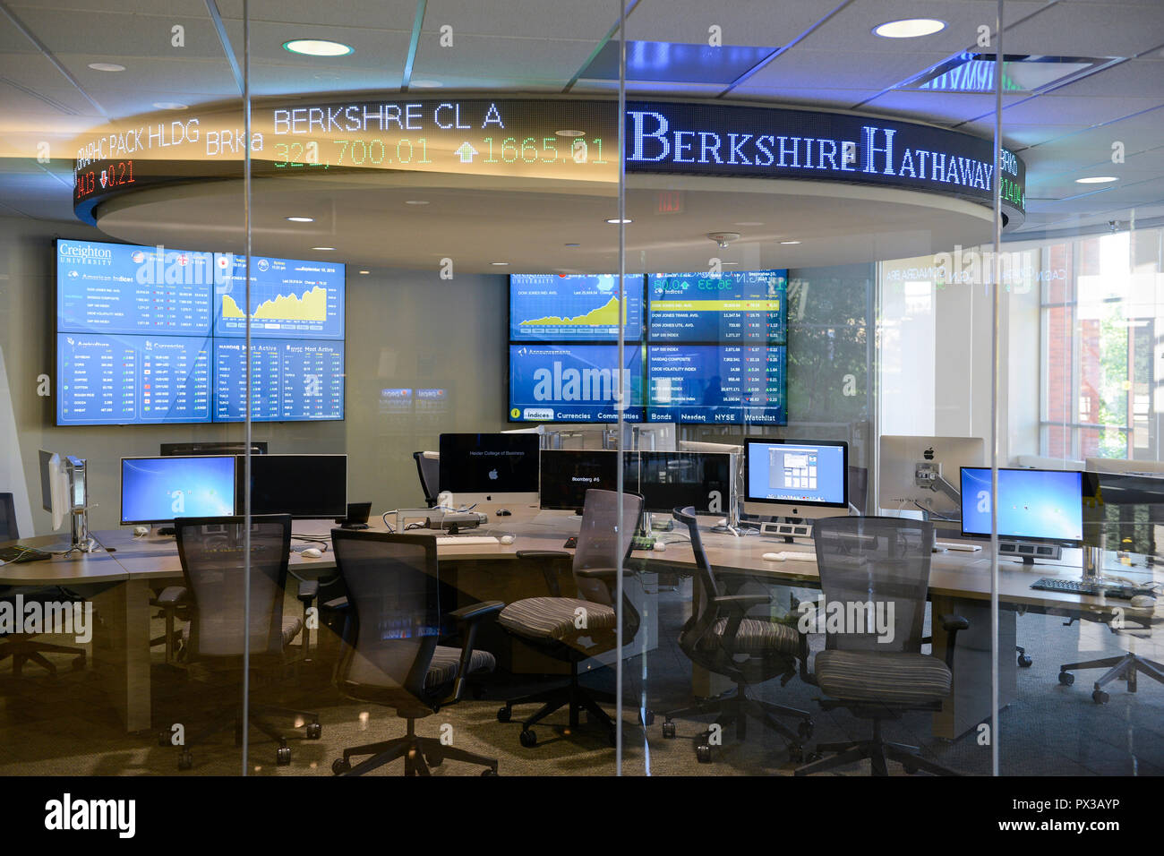 USA, Nebraska, Omaha, Creighton University, Heider College of Business, computer room, on display stock exchange share prices of Berkshire Hathaway Inc., the holding enterprise of Warren Buffett Stock Photo