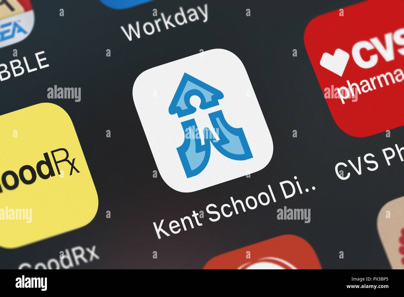 London, United Kingdom - October 19, 2018: Close-up shot of the Kent School District application icon from Blackboard Inc. on an iPhone. Stock Photo