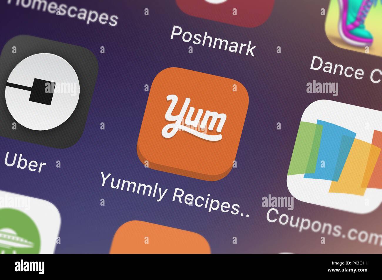 London, United Kingdom - October 19, 2018: Screenshot of the Yummly Recipes  Shopping List mobile app from Yummly icon on an iPhone. Stock Photo