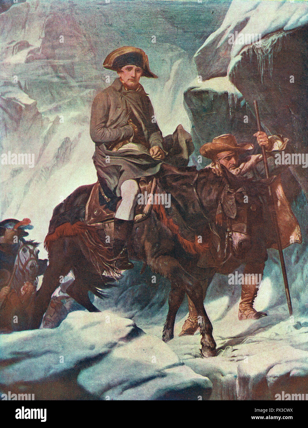 Napoleon Bonaparte Crossing the Swiss Alps into Italy in 1800, after Paul Delaroche (1797-1856). Stock Photo