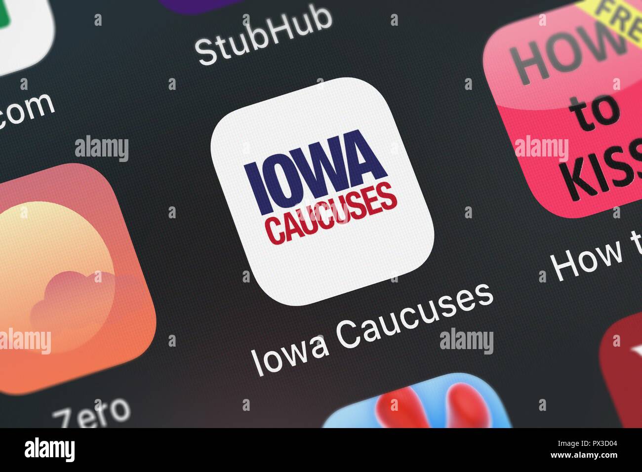 London, United Kingdom - October 19, 2018: Screenshot of the Iowa Caucuses mobile app from Gannett icon on an iPhone. Stock Photo