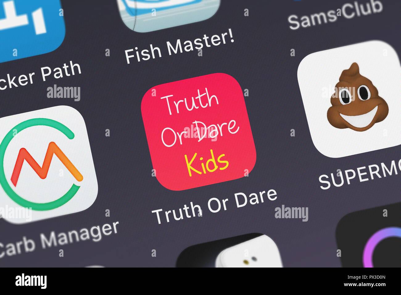 London, United Kingdom - October 19, 2018: Screenshot of the mobile app Truth Or Dare - Kids Game from DH3 Games. Stock Photo