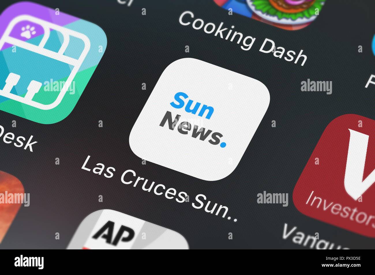 London, United Kingdom - October 19, 2018: Close-up shot of the Las Cruces Sun News application icon from Gannett on an iPhone. Stock Photo
