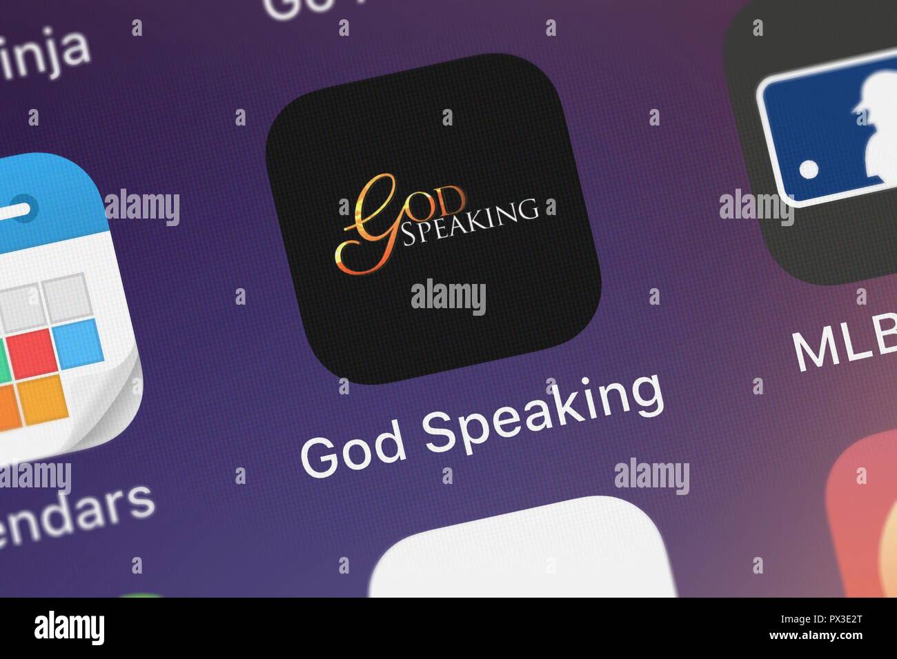 London, United Kingdom - October 19, 2018: Screenshot of the mobile app God Speaking: Rise Up from Faith Comes by Hearing. Stock Photo