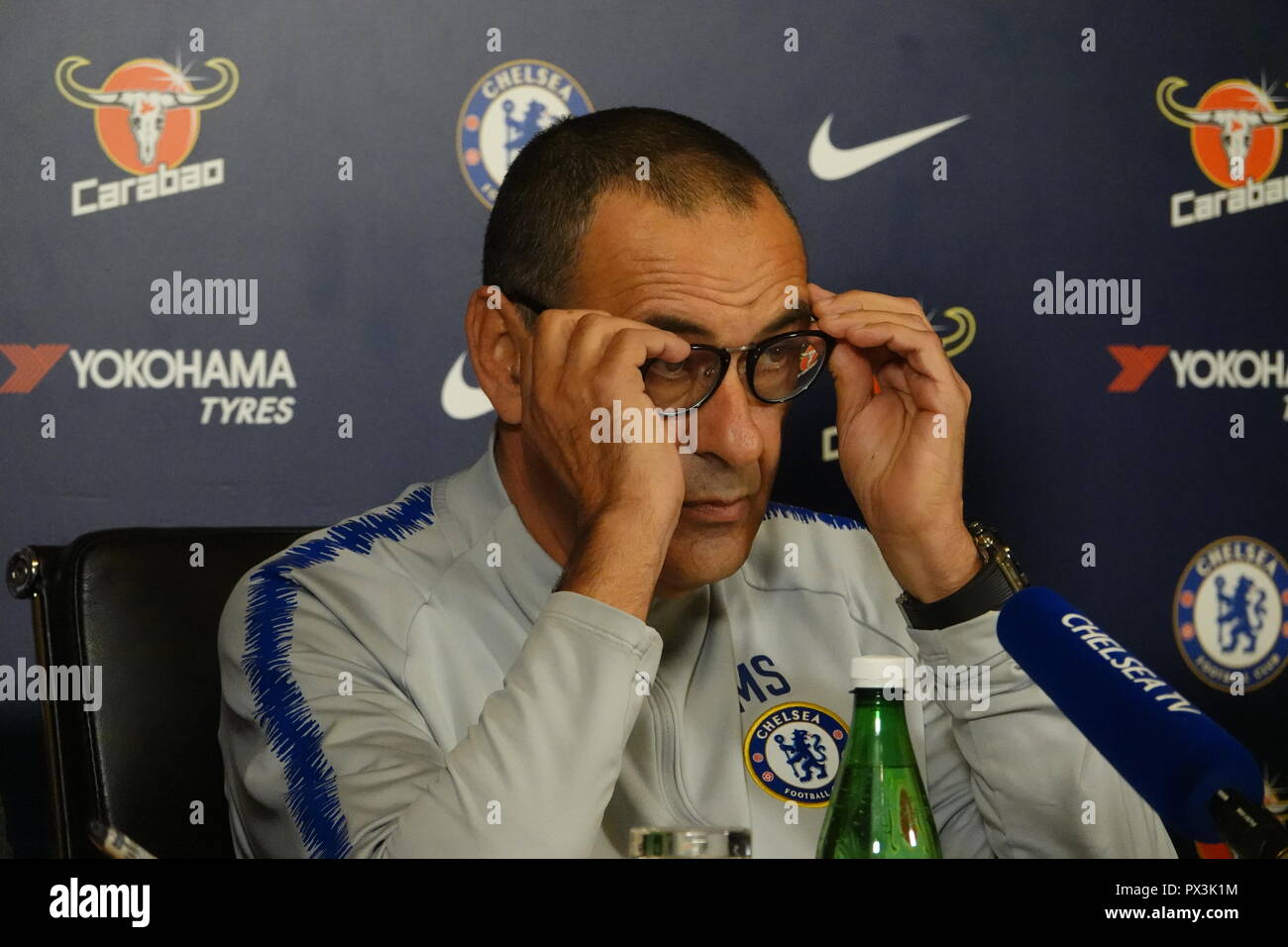 Cobham, UK. 19th August, 2018 Chelsea Training Ground, Cobham, Surrey, UK  Maurizio Sarri, Chelsea Football Club's Italian Manager, talks to the press  about his first encounter with Jose Mourinho's Manchester United team