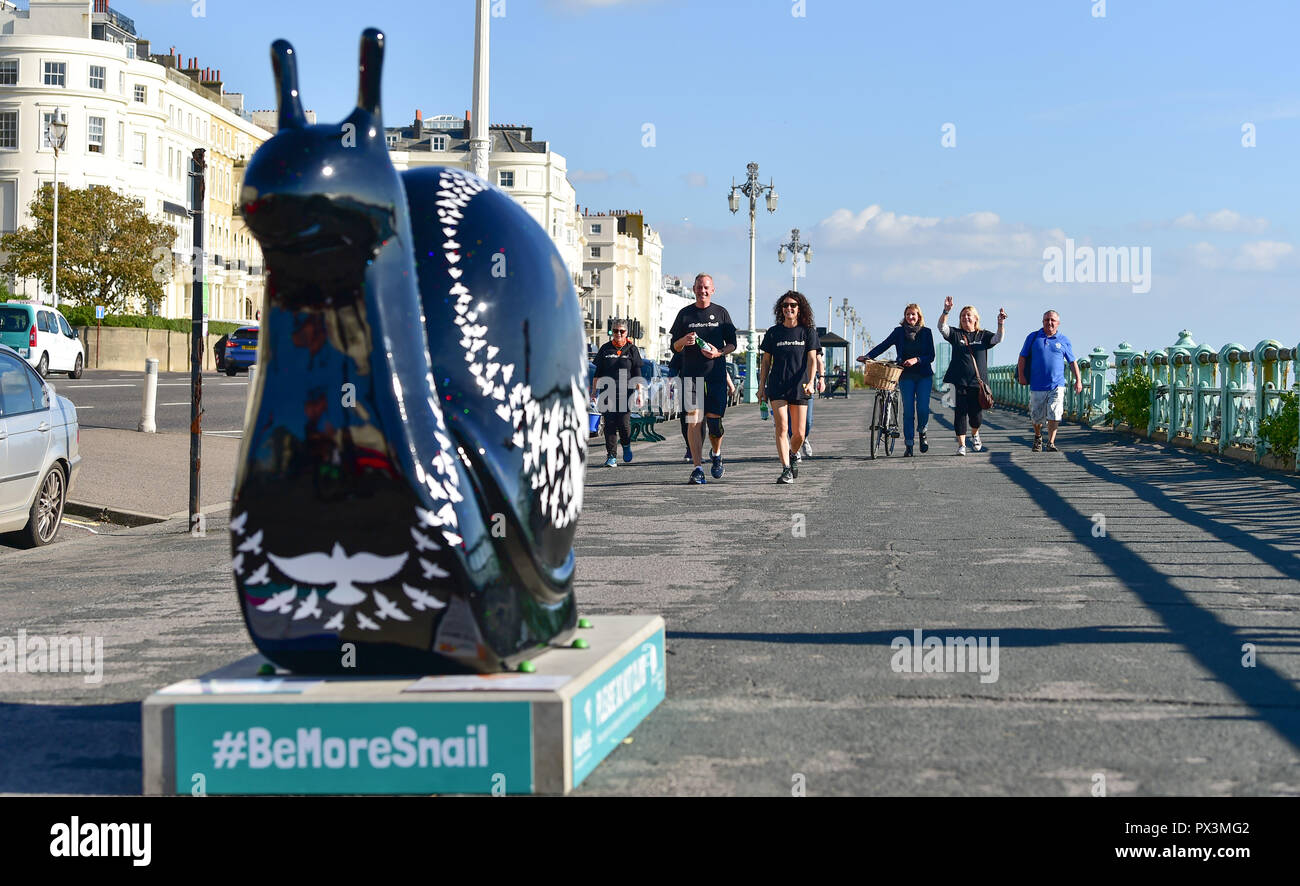 Brighton UK 19th October 2018 - Norman Cook aka Fatboy Slim is changing his name to Fatboy Slow during his 26 mile walk to visit all the giant snail sculptures around Brighton and Hove in one day helping to raise money for the Martlets Hospice . There are over 50 snail sculptures to visit covering a distance of 26 miles on the Snailspace Art Trail's fundraising #BeMoreSnail day Credit: Simon Dack/Alamy Live News Stock Photo