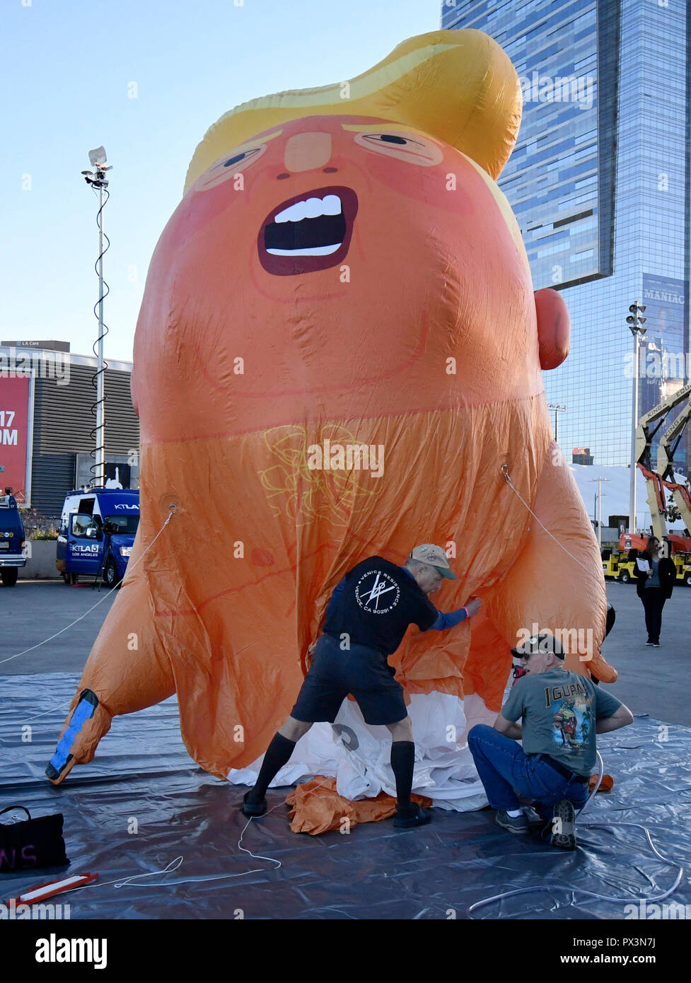 10-19-18. Los Angeles CA. DOWNTOWN LOS ANGELES .A giant balloon depicting  President Donald Trump as an angry baby makes its West Coast debut at  Politicon in downtown Los Angeles Friday.The baby Trump