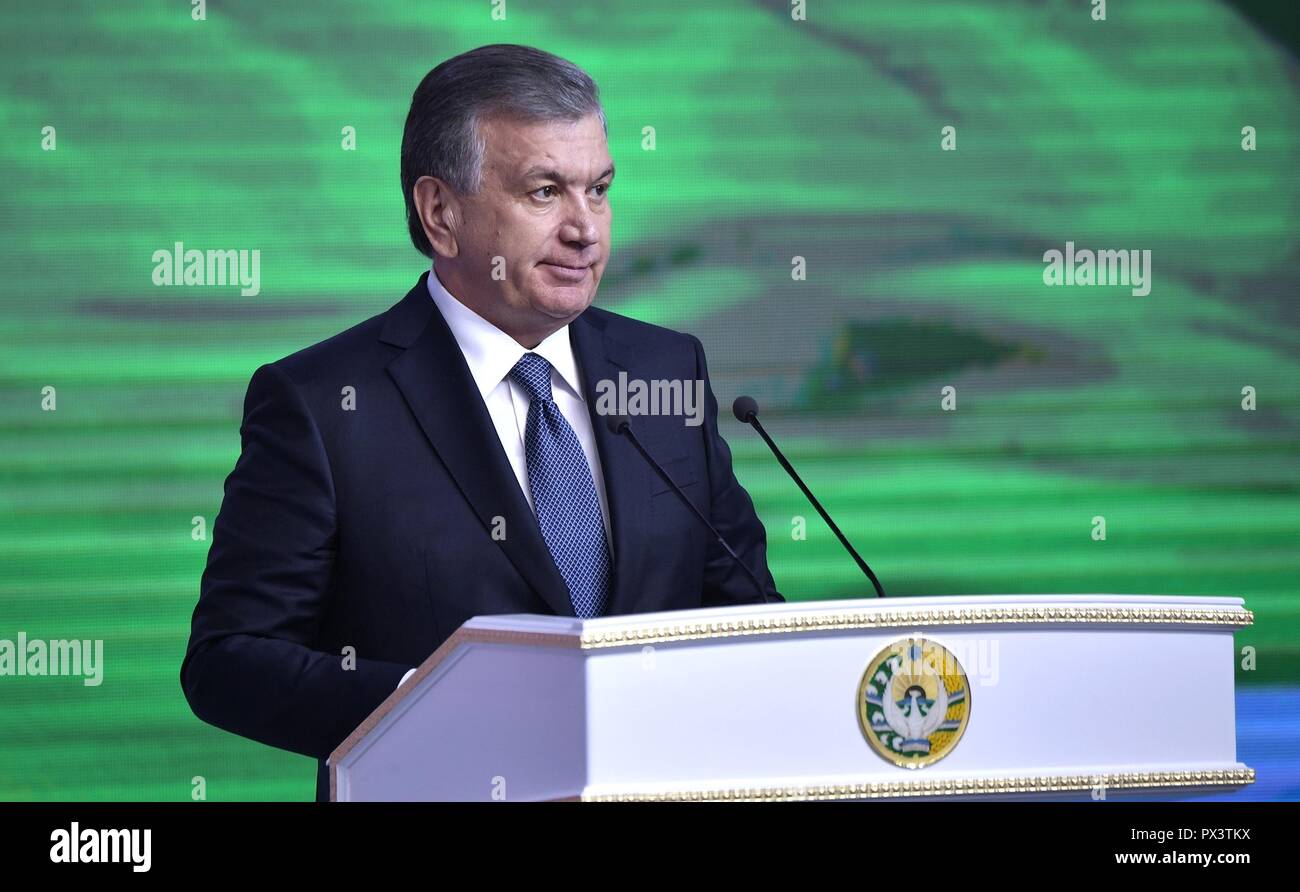 Uzbek President Shavkat Mirziyoyev addresses the closing ceremony of the First Russia-Uzbekistan Forum of Interregional Cooperation October 19, 2018 in Tashkent, Uzbekistan. Stock Photo