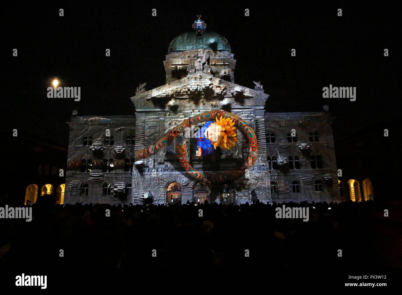 Bern. 19th Oct, 2018. Photo taken on Oct. 19, 2018 shows the light show Rendez-vous Bundesplatz in front of the Swiss Parliament Building in Bern, Switzerland. The annual light show, which will last till Nov. 24, shows the world-famous novella 'The Little Prince' by Antoine de Saint-Exupery this year. Credit: Ruben Sprich/Xinhua/Alamy Live News Stock Photo