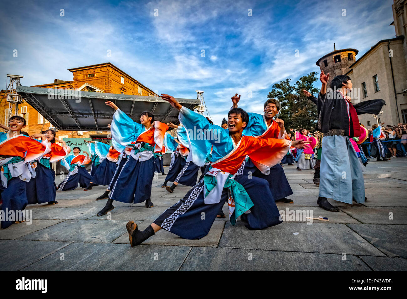 Italy Piedmont Turin Japan week - Inauguration in Piazza Castello with artistic performances of dances, drums, calligraphy and Samurai. Credit: Realy Easy Star/Alamy Live News Stock Photo