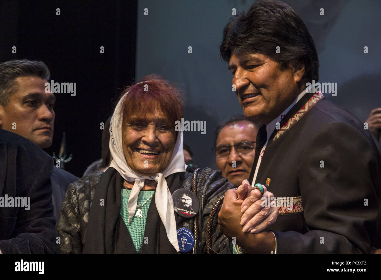 Buenos Aires, Federal Capital, Argentina. 19th Oct, 2018. Bolivian President Evo Morales with Taty Almeida, of Mothers of Plaza de Mayo, Founding Line, at the ceremony where the President of Bolivia was awarded the Doctorate Honoris Causa at the Metropolitan University for Education and Labor (UMET) in Buenos Aires Aires, Argentina. Credit: Roberto Almeida Aveledo/ZUMA Wire/Alamy Live News Stock Photo