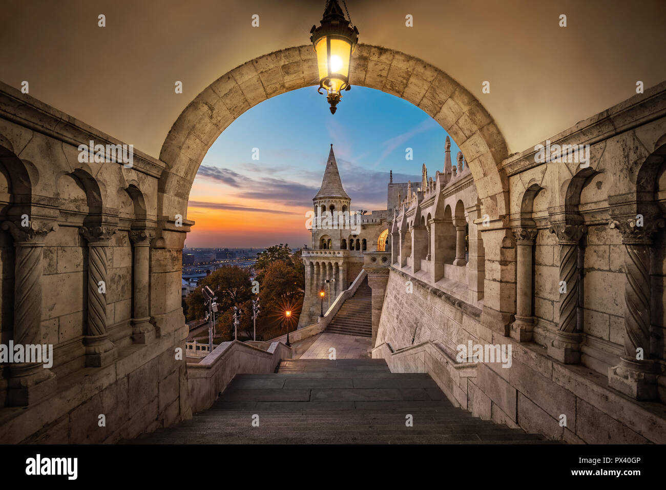 Budapest, Hungary - View on the ancient Fisherman's Bastion (Halaszbastya) at sunrise with beautiful sky and clouds Stock Photo