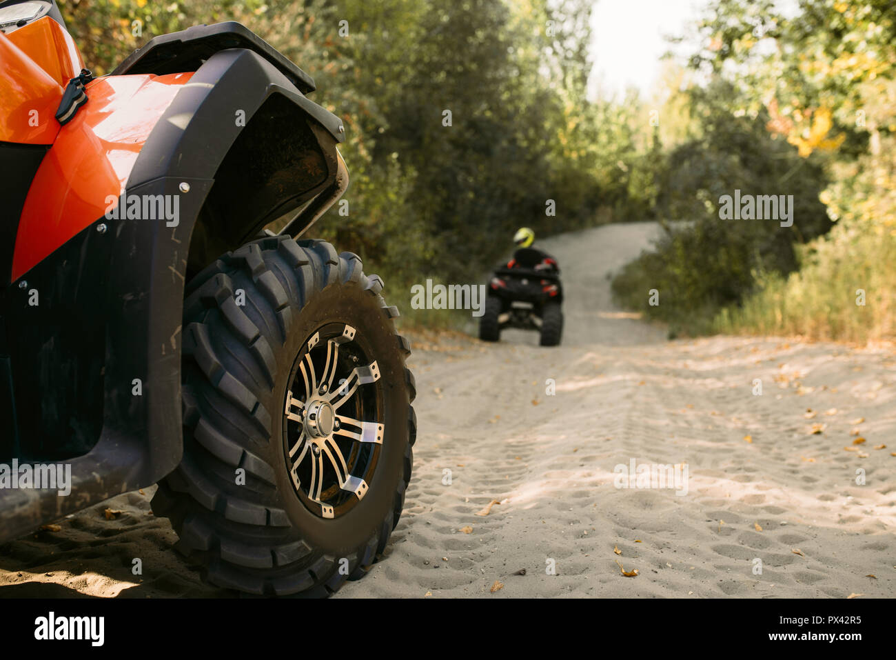 Two riders on quad bikes having offroad adventure Stock Photo Alamy