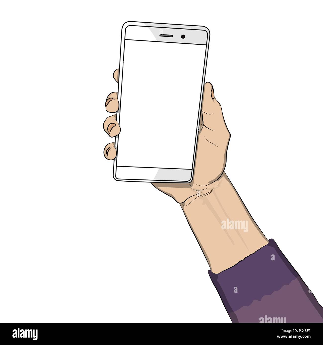 Hand holding white cellphone with white screen. Cartoon pop art retro