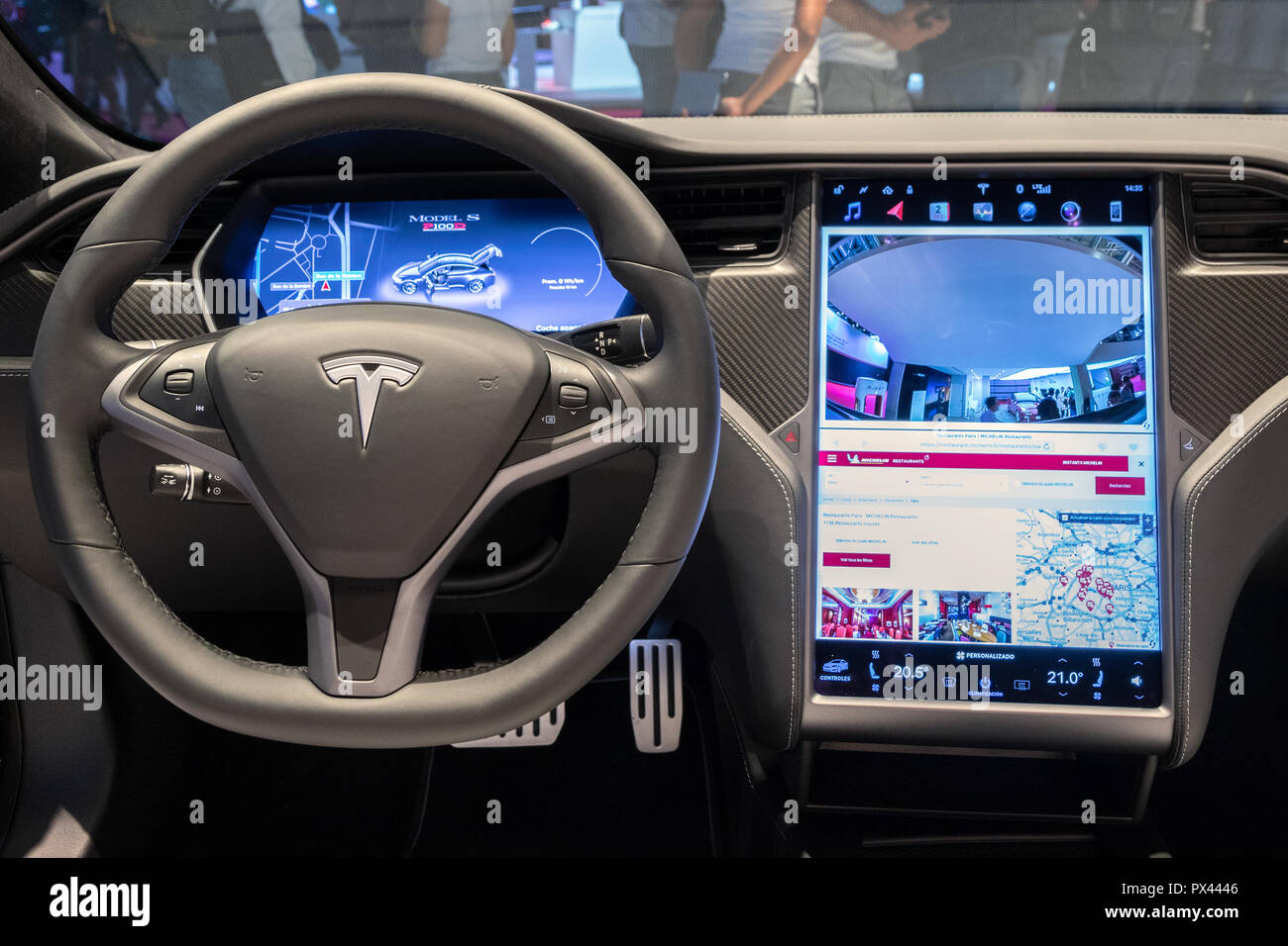 PARIS - OCT 2, 2018: Interior dashboard view of theTesla Model S P100D electric car showcased at the Paris Motor Show. Stock Photo