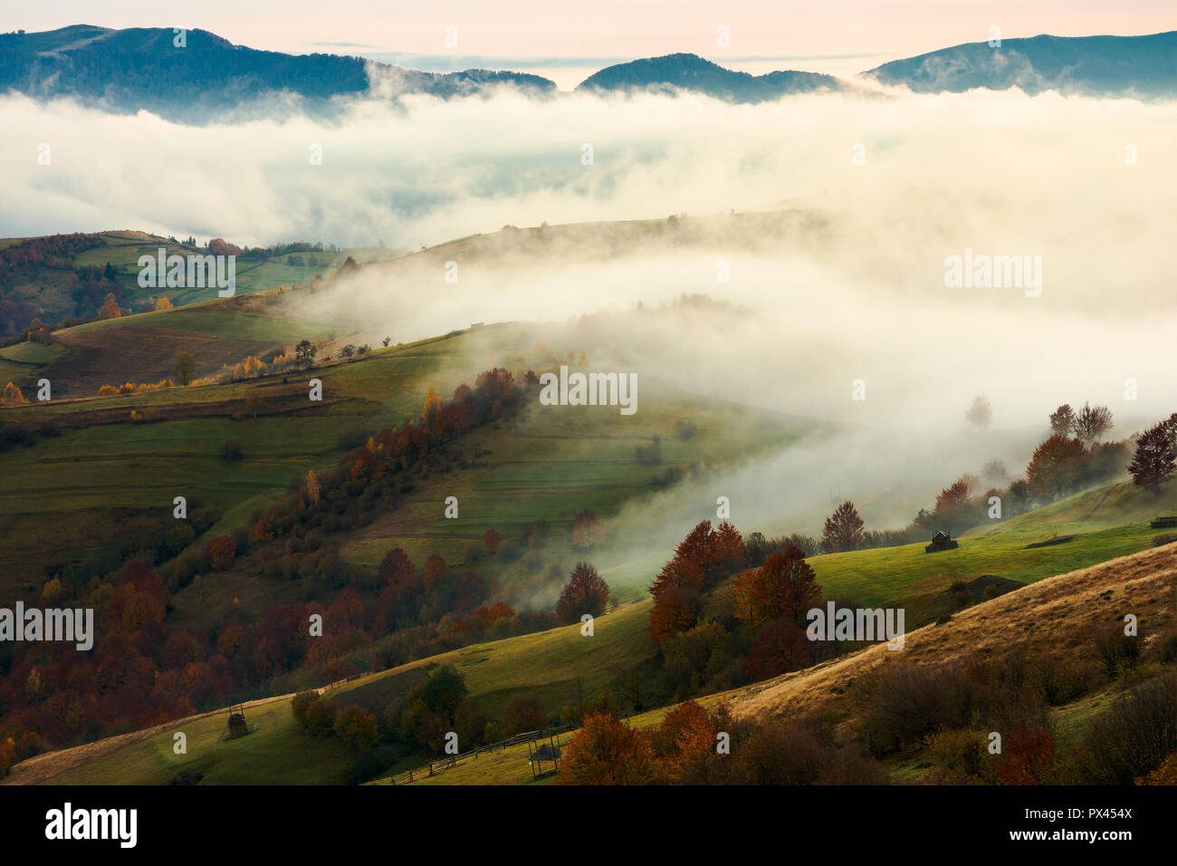 fog and rising clouds roll over the rural hills. gorgeous autumn scenery in mountains at dawn Stock Photo