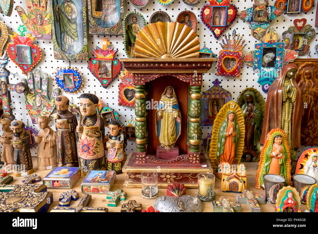 Mexican religious and other art on display in a store in Bisbee