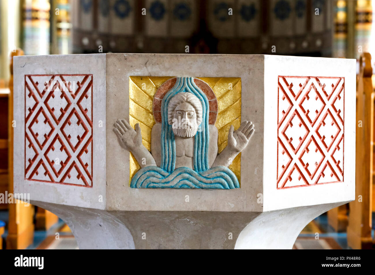St Peter's catholic cathedral, Belfast, Northern Ireland. Baptismal font. Ulster, U.K. Stock Photo