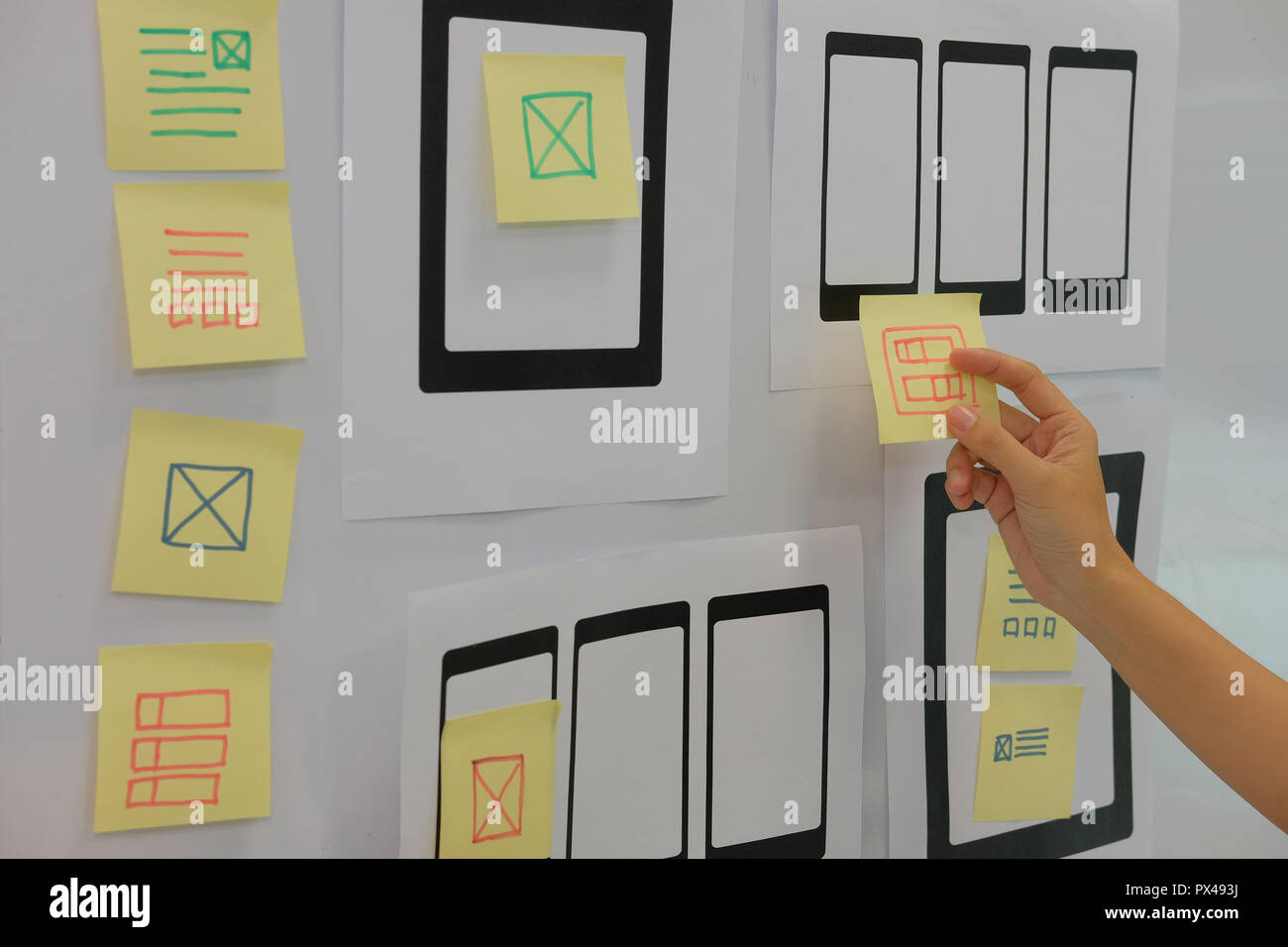 user experience, UX designer designing web on smart phone tablet layout ...
