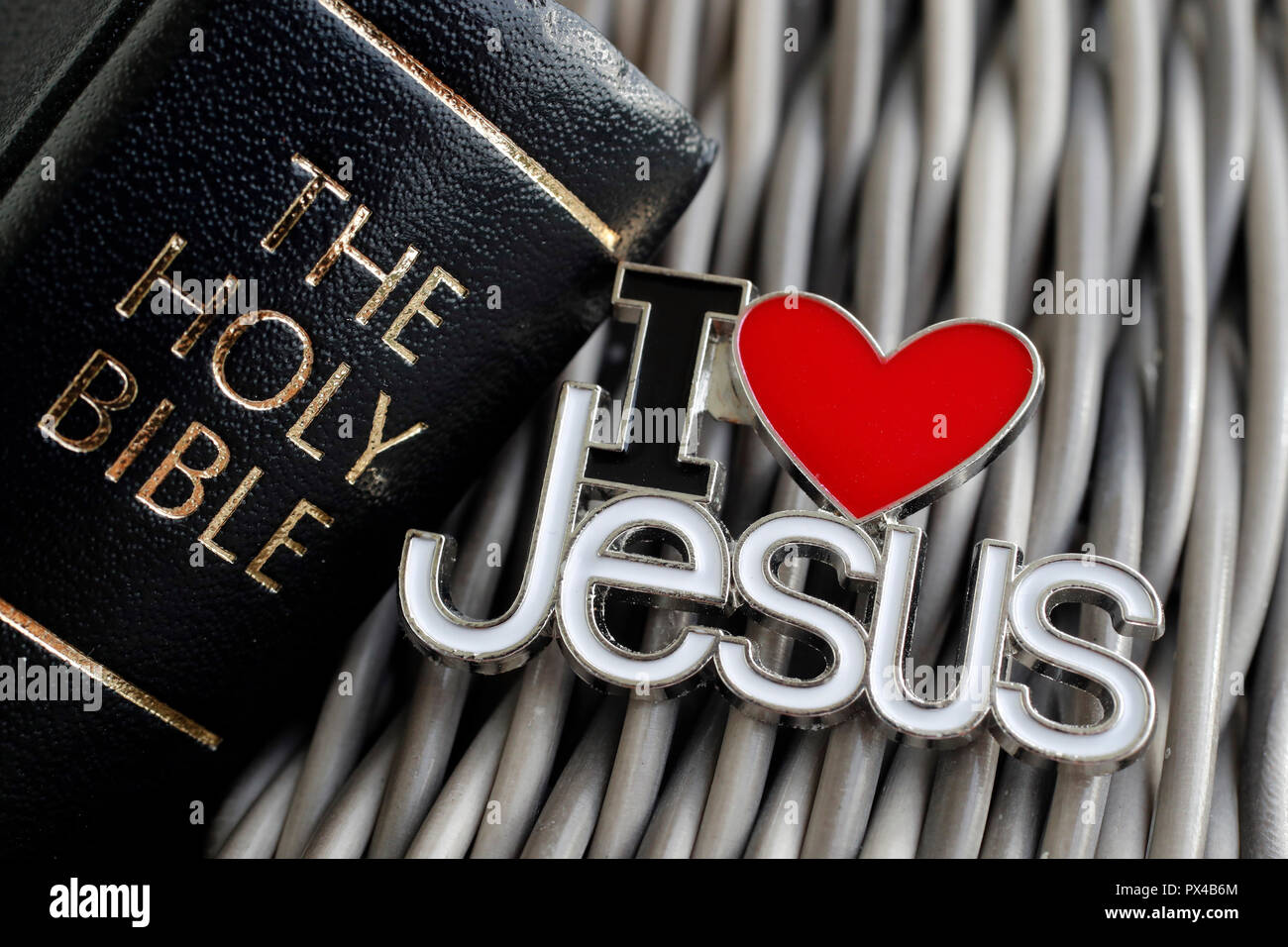 I Love Jesus pin with the Holy Bible. Stock Photo