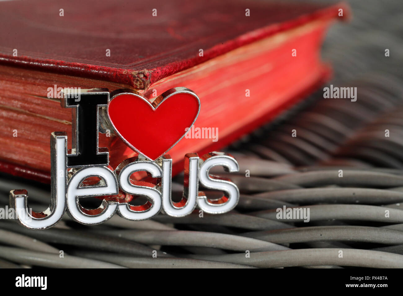 I Love Jesus pin with the Holy Bible. Stock Photo