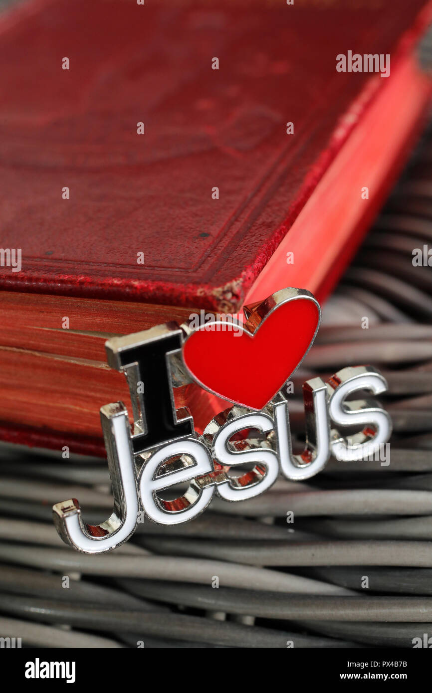 I Love Jesus pin with the Holy Bible Stock Photo - Alamy