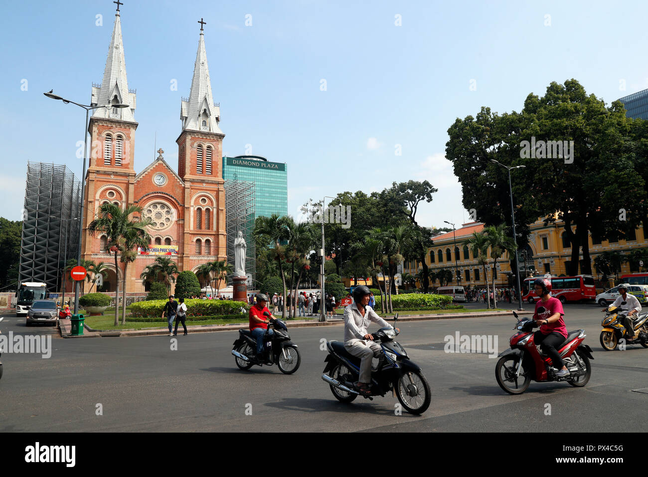Notre Dame Cathedral and Virgin Mary statue. District 1.  Ho Chi Minh City. Vietnam. Stock Photo