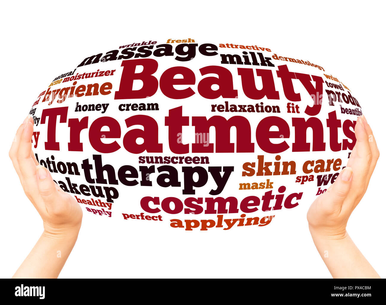 Beauty Treatments word cloud hand sphere concept on white background. Stock Photo