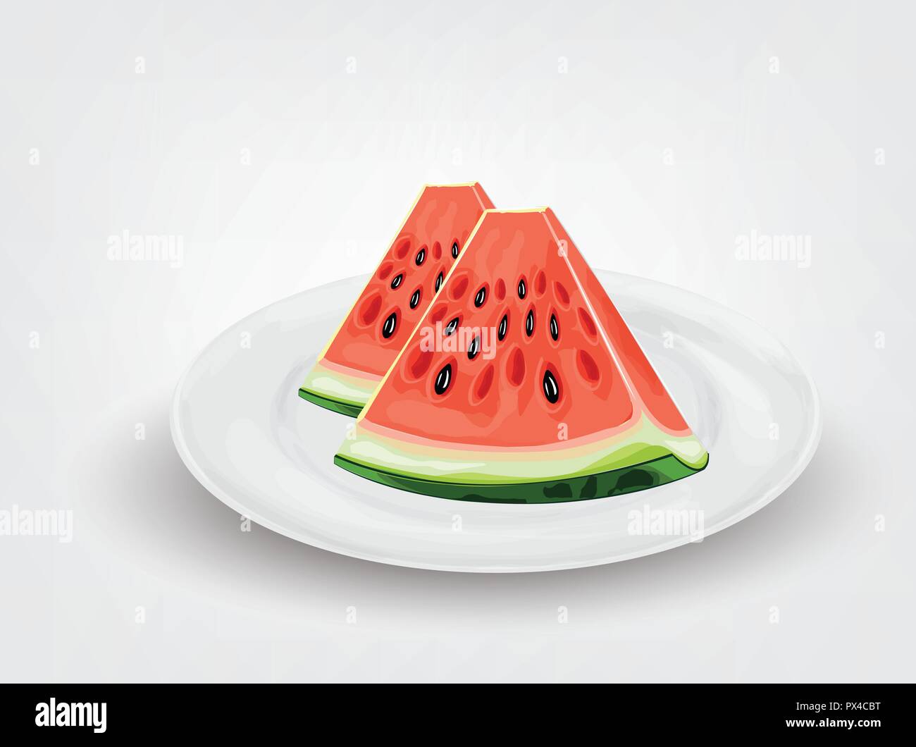 watermelon slices in white dish.Vector image of beautiful watermelon slices on gray background. Stock Vector