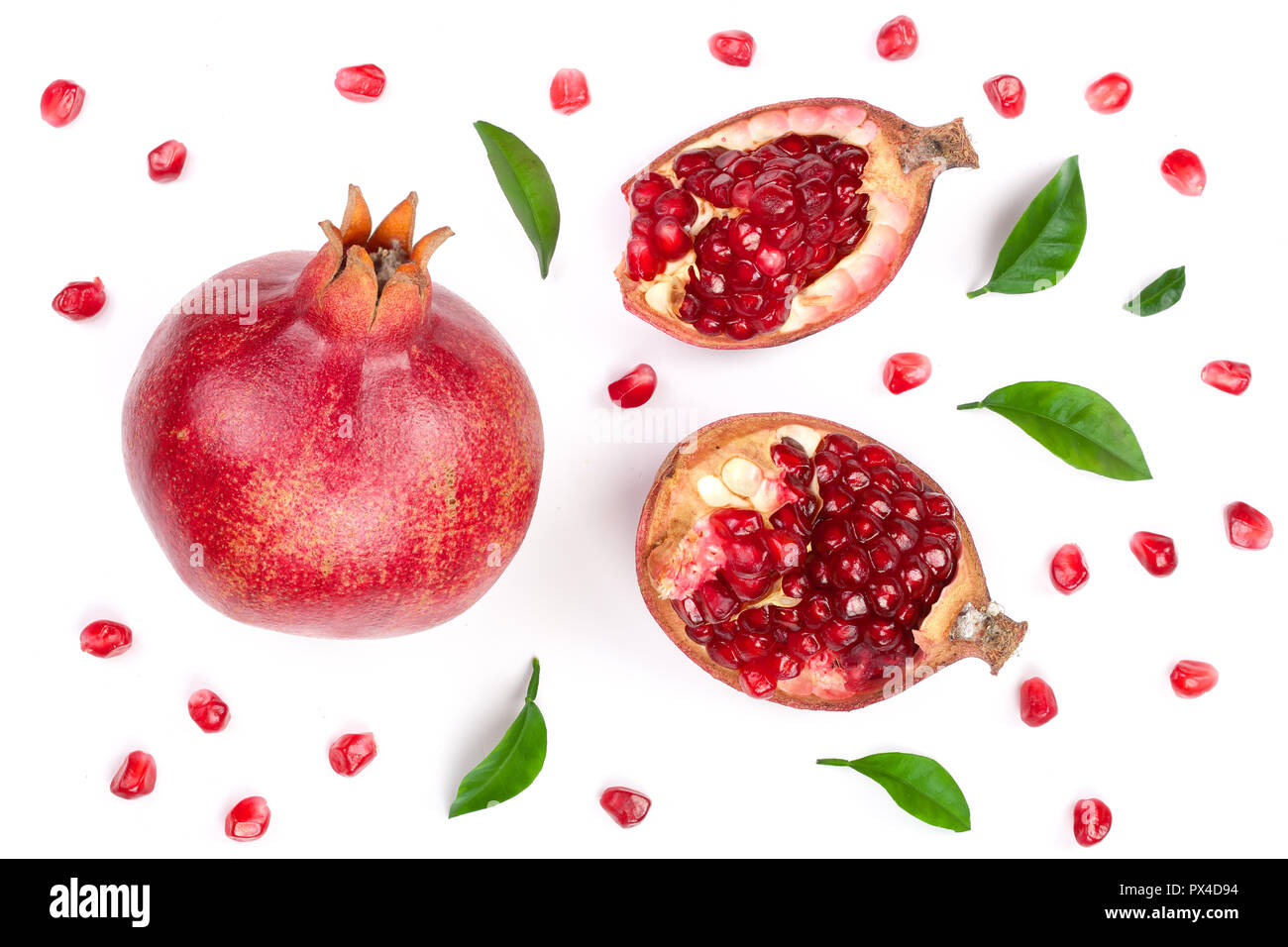 pomegranate with leaves isolated on white background. Top view. Flat lay pattern. Stock Photo