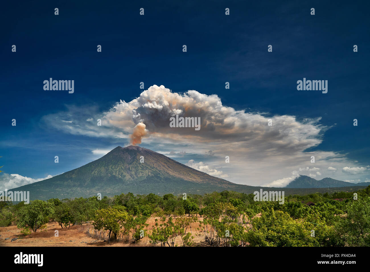 29 June 2018, Bali, Indonesia Mount Agung volcano dramatic eruption over  dark blue sky . Massive clouds of ash higlighted by magma Stock Photo -  Alamy