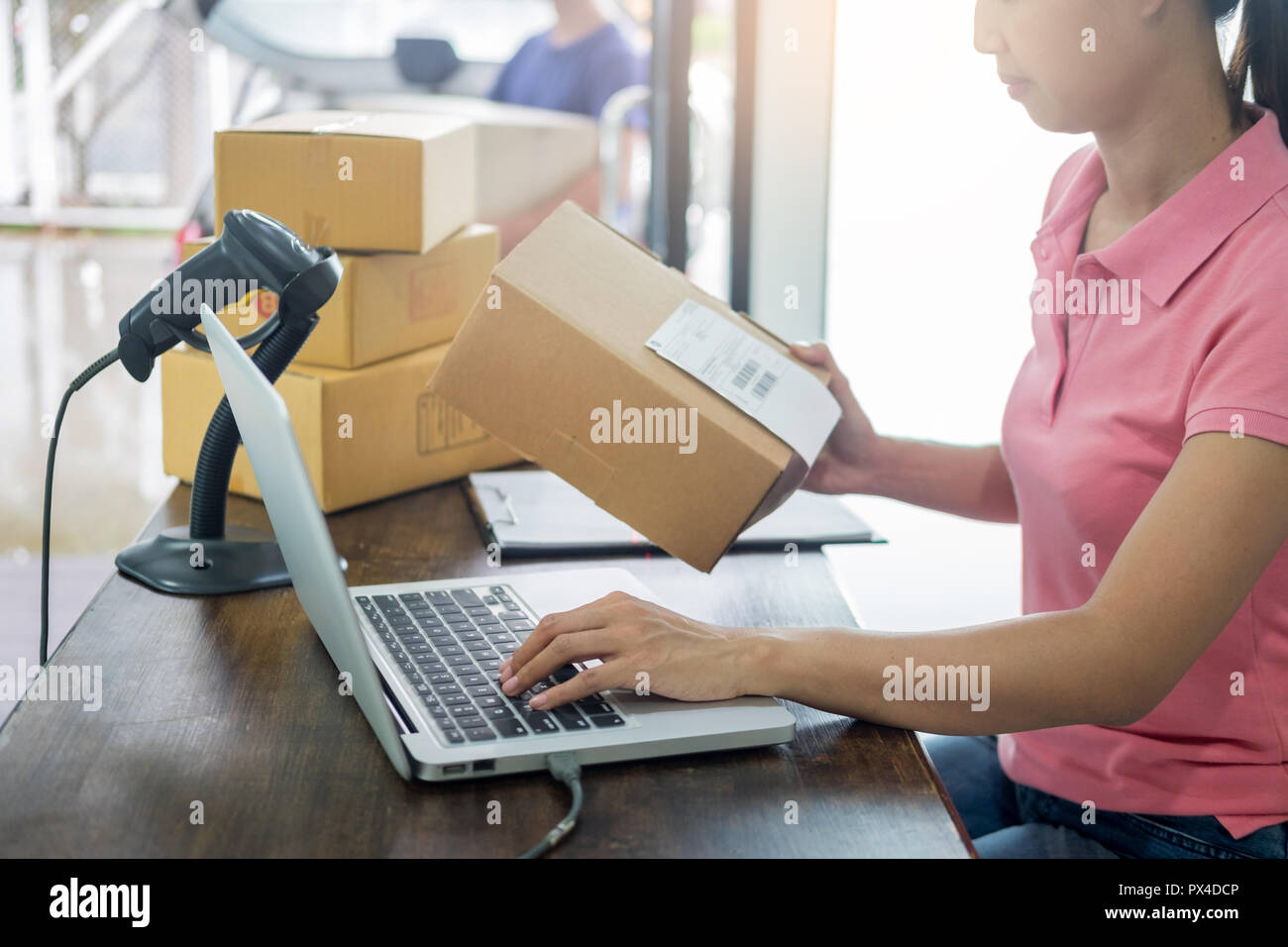 Courier Hands Business Woman Work At Home Office Checking Parcel