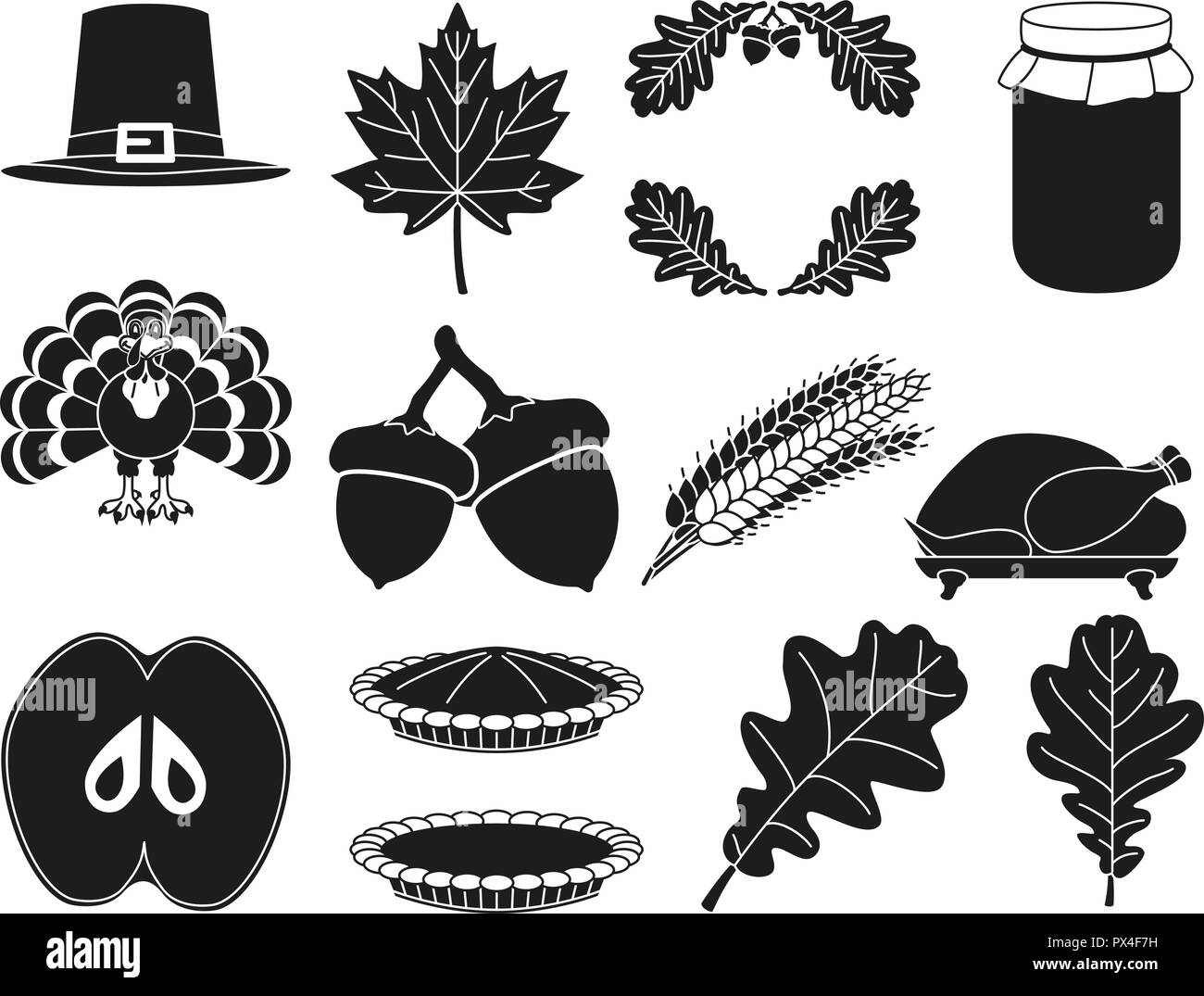 13 black white thanksgiving silhouette elements Stock Vector