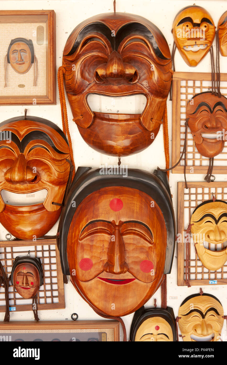 Korean traditional wooden masks display in a market, Hahoe Village in