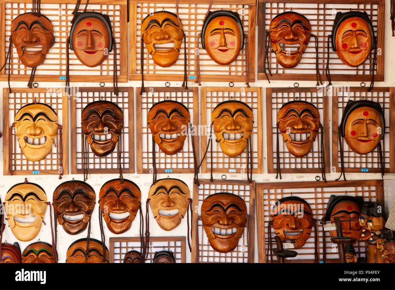 Korean traditional wooden masks display in a market, Hahoe Village in Andong City, South Korea